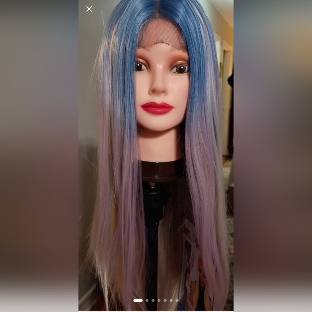 Long straight blue purple pink yellow lace front t-part synthetic wig